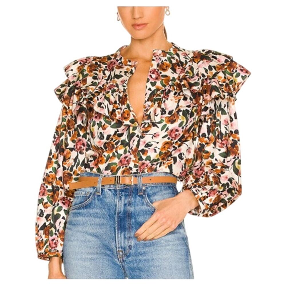 Something Navy Floral Ruffle Blouse Womens M Cream Button Cotton Ballon Sleeve